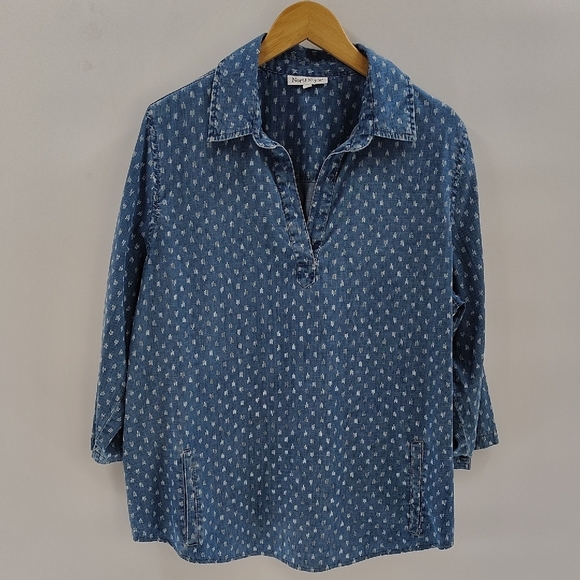 North Style Pullover Top Size XL blue white Soft chambray V Neck Collared - Picture 1 of 8